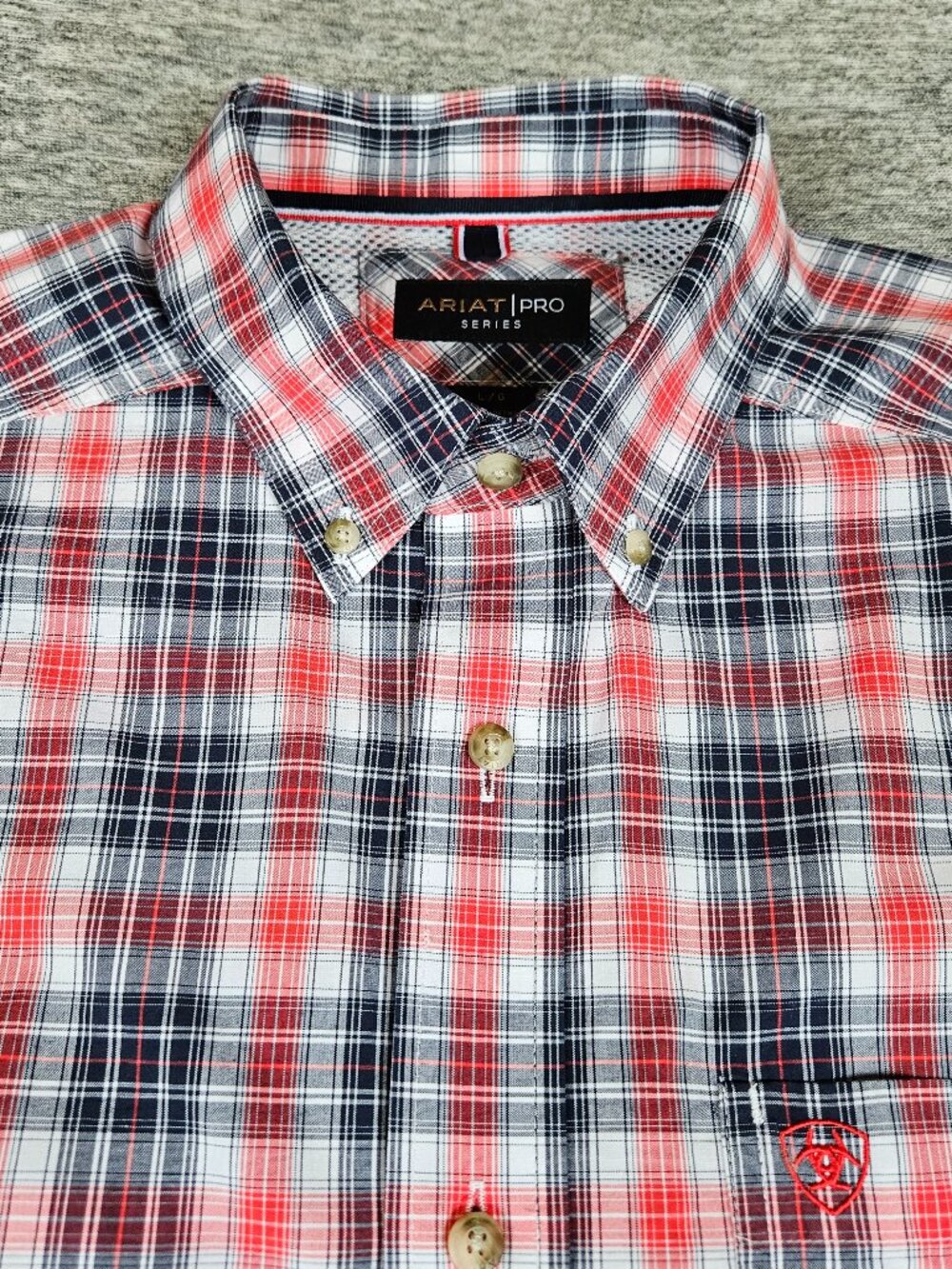 Ariat Pro Series Mens Button Down Shirt Red Striped Plaid Size Large Western EUC